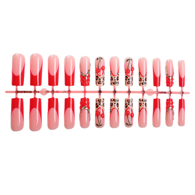 Artistic Press-On Nail Set with Cherry and Animal Prints kalsten