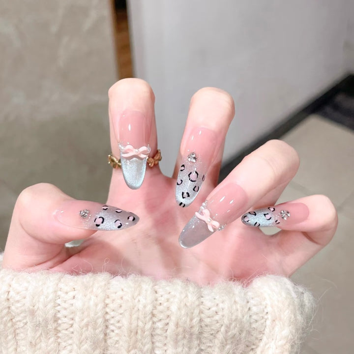 Artistic Stiletto Press-On Nail Set with Leopard Print and Bow Accents Kalsten