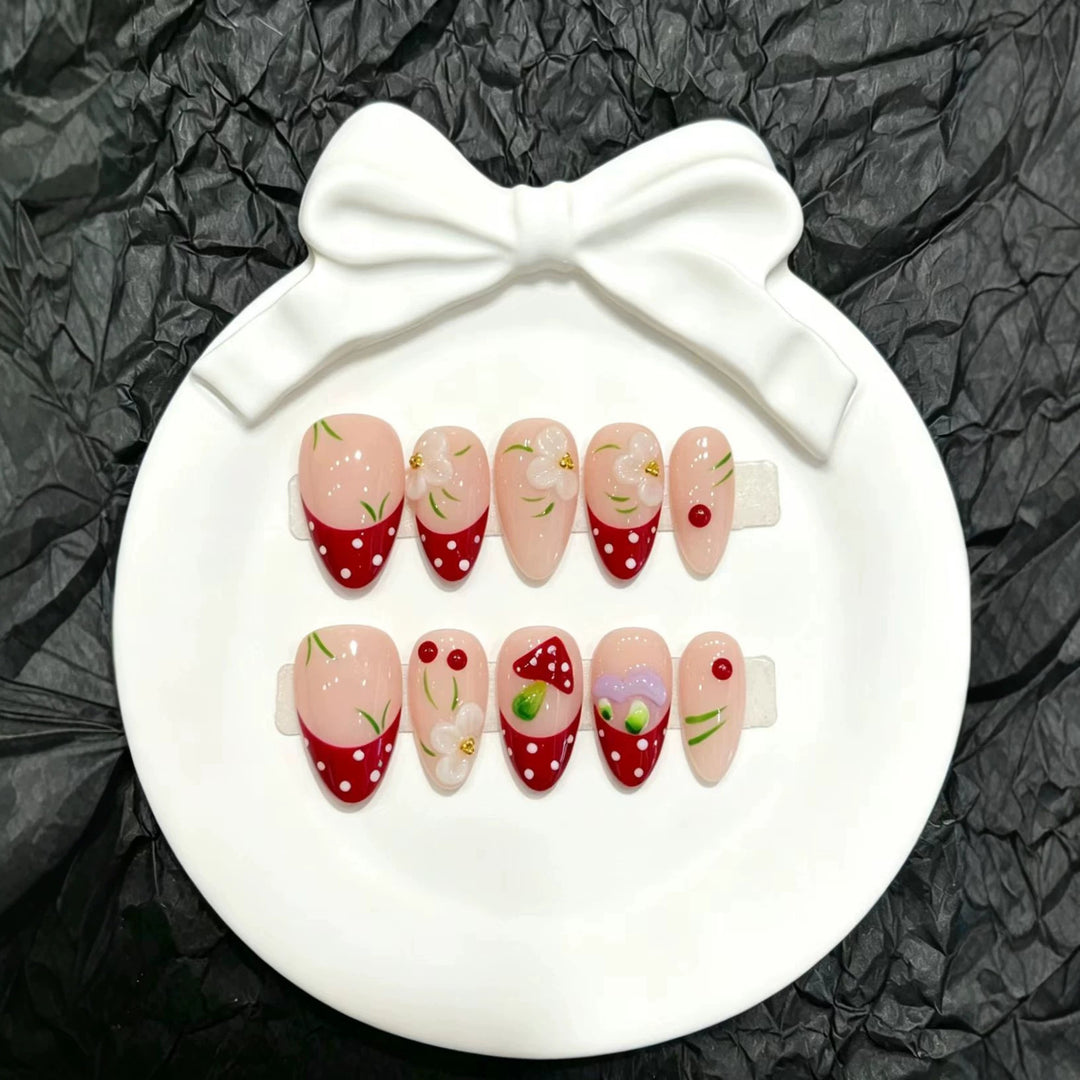 Artistic Press-On Nail Art Set with Floral and Fruit Accents
