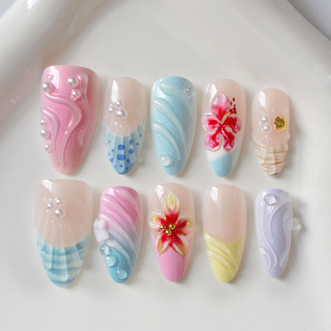 Decorative 3D Floral and Shell Press-On Nail Art Kalsten