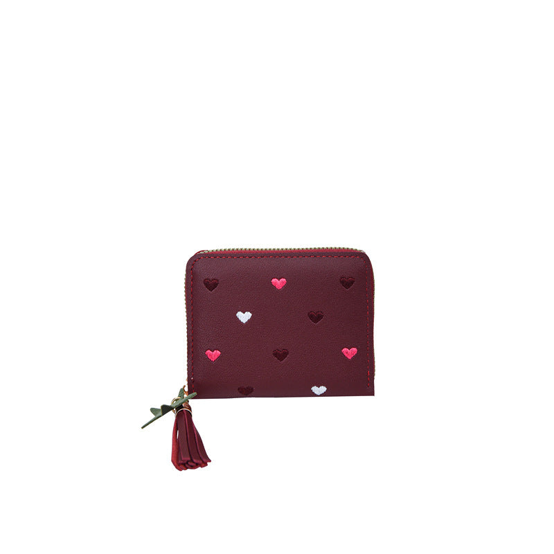 Compact Heart Patterned Zip Wallet