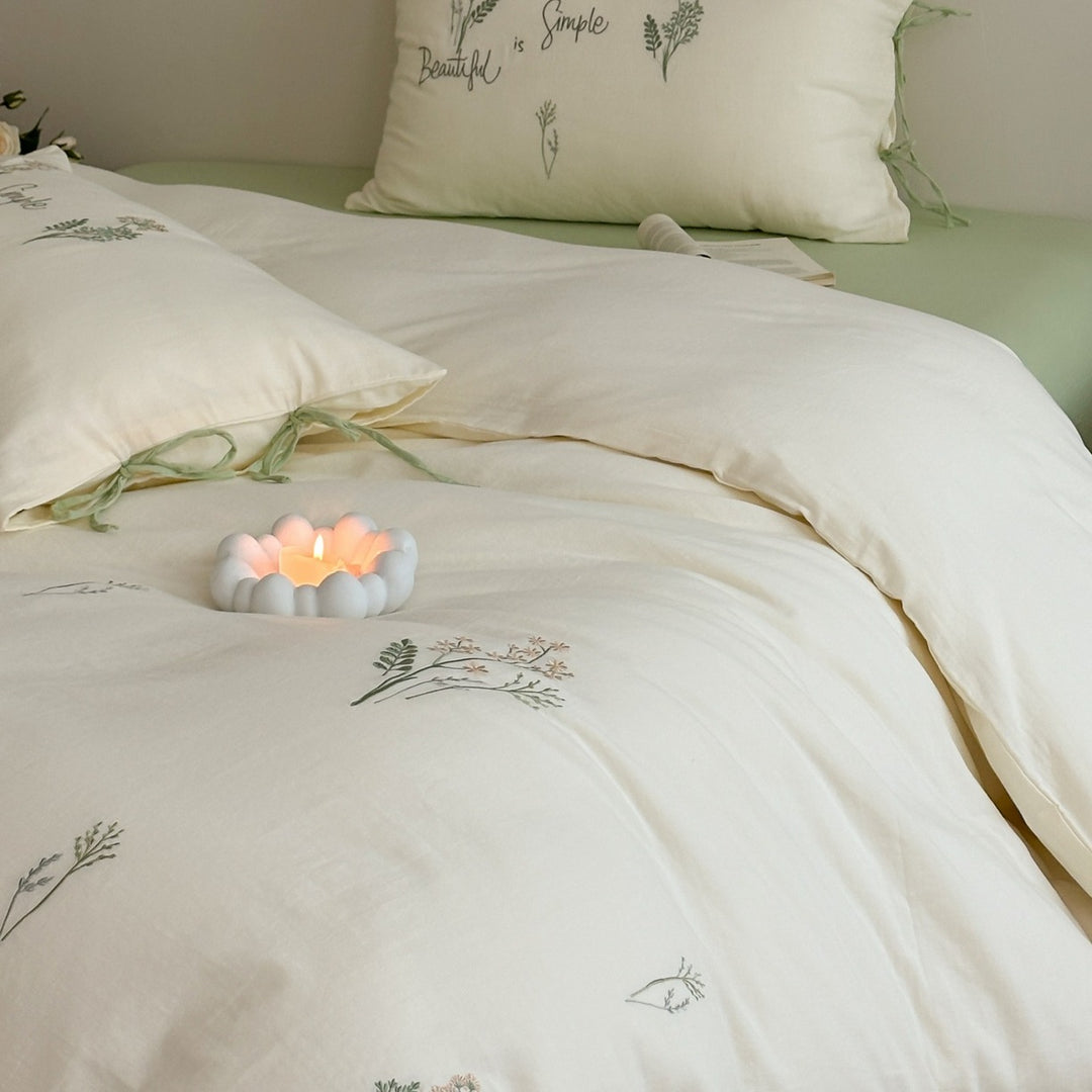 Delicate embroidered cotton bedding set with gentle botanical embroidery and bow ties Kalsten
