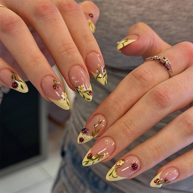 Floral Print Press-On Nails Set with Ladybug and Bee Designs Kalsten