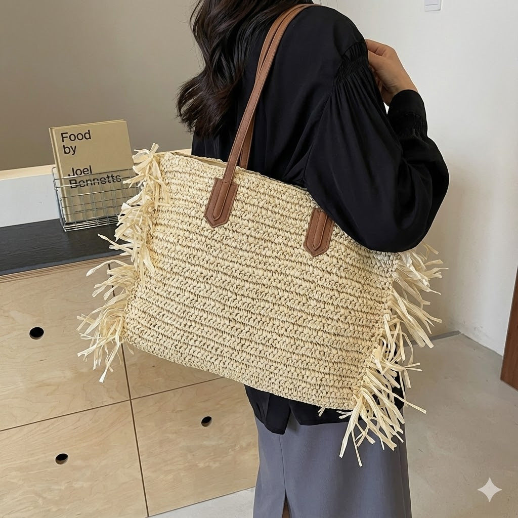 Stylish straw bag with fringed details Kalsten