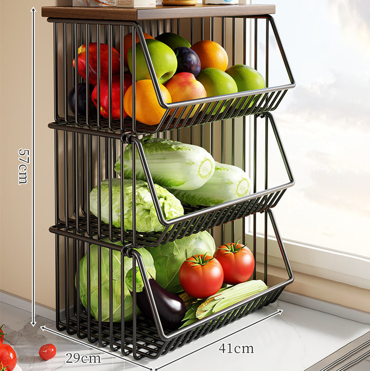 Countertop Wooden-Top Metal Wire Produce Storage Basket with Front-Tilt Access