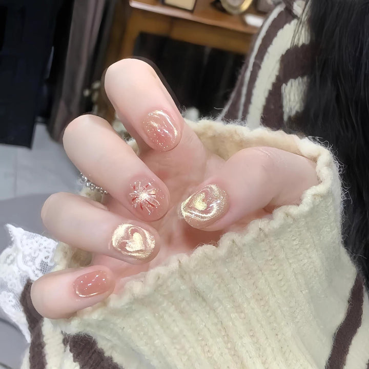 Artistic Press-On Nail Set with Heart and Star Designs