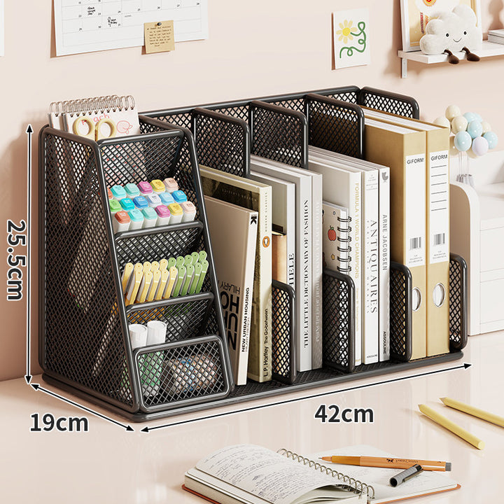 Mesh Multi-Section Desktop File & Stationery Organizer with Angled Pen Tiers