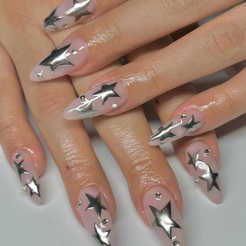 Artistic Nail Extensions with Silver Star Design Kalsten