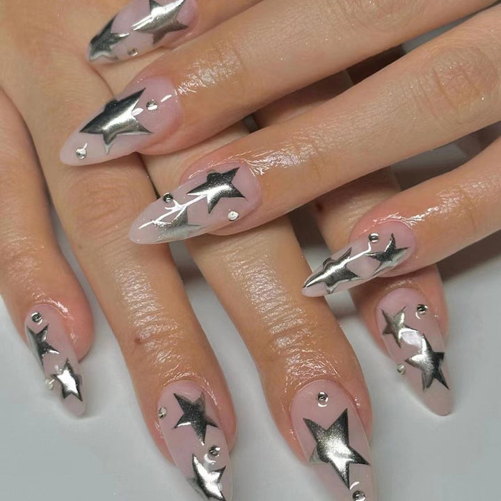 Artistic Nail Extensions with Silver Star Design Kalsten