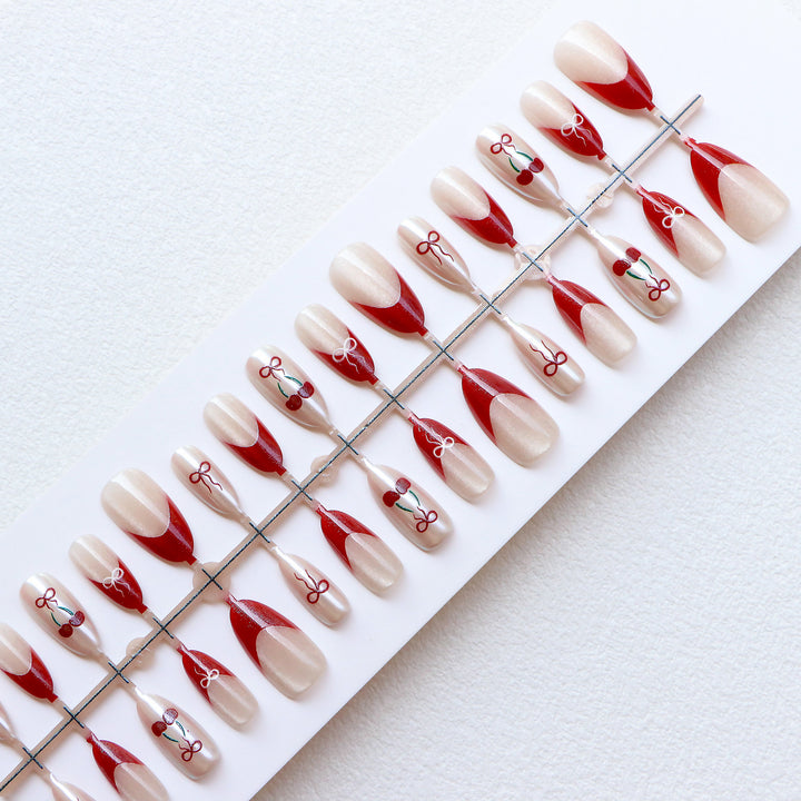 Artistic Press-On Nail Set with Cherry and Ribbon Design Kalsten