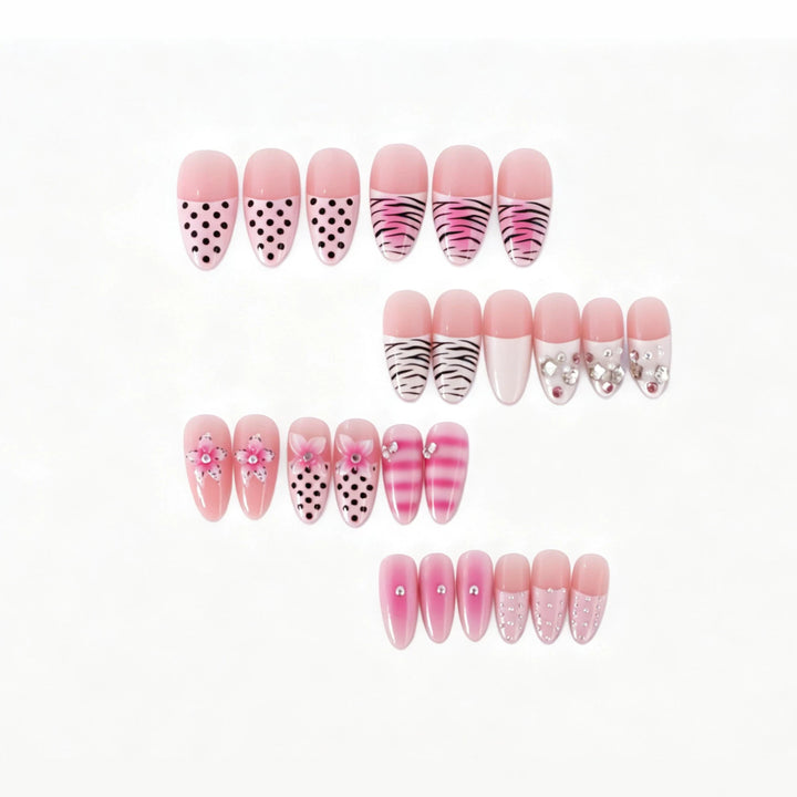 Artistic Press-On Nail Design with Unique Patterns and Rhinestone Accents Kalsten