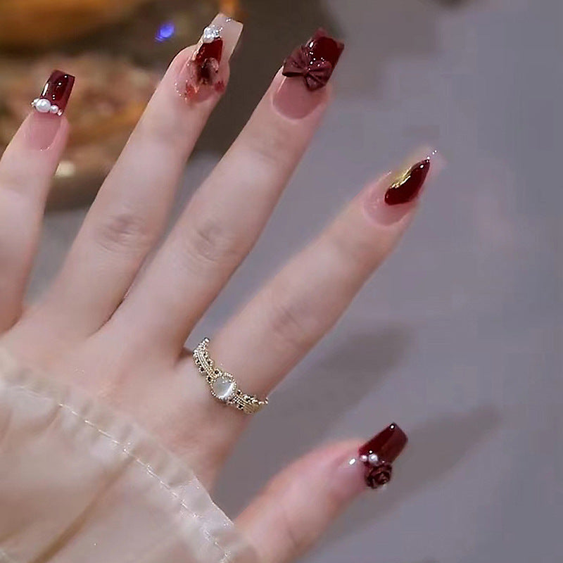 Decorative Press-On Nail Set with Bow Accents
