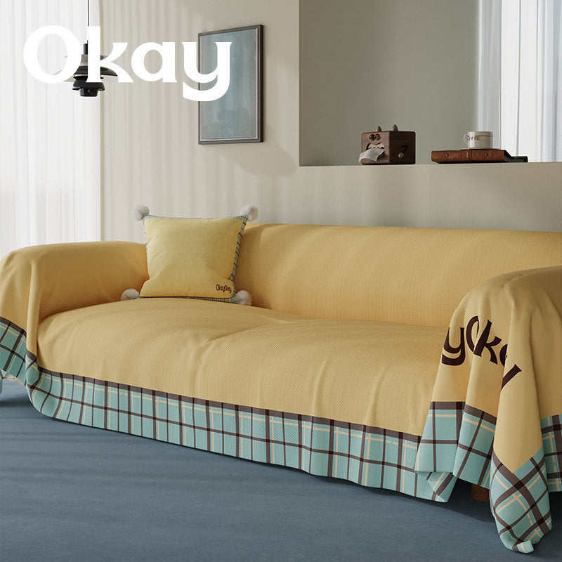 Reversible Plaid-Trim Sofa Slipcover and Throw Blanket Set