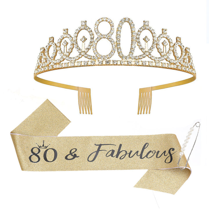 Women Crystal-Embellished Birthday Crown with Personalized Sash Kalsten