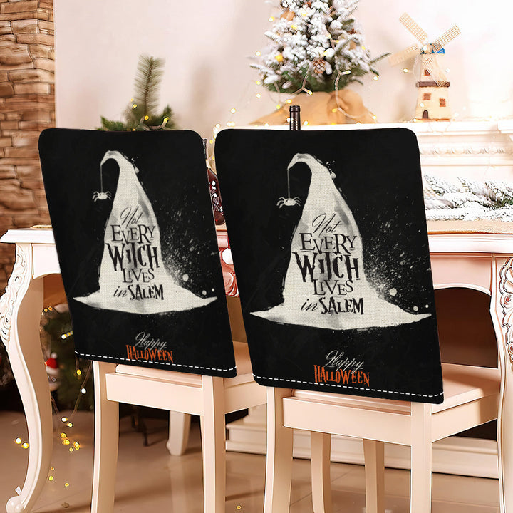 festive Halloween chair covers made of stretchable polyester with witch hat and lettering design