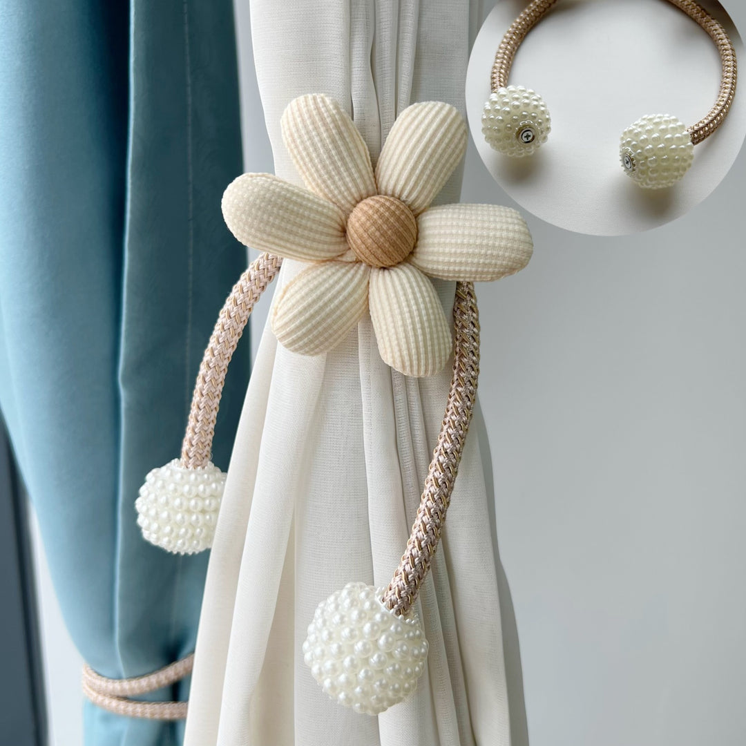 Decorative Magnetic Curtain Tieback with Fabric Flower and Pearl Bead Tassels