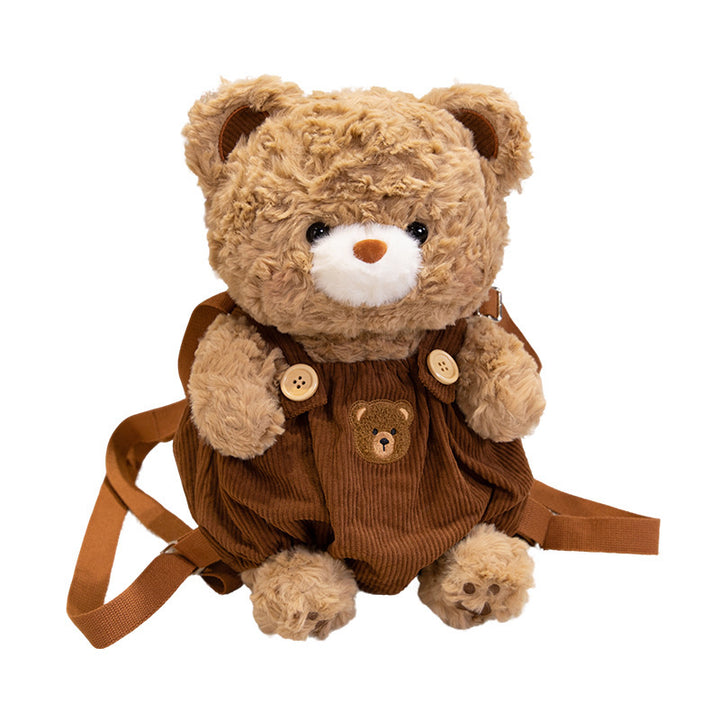 Plush Teddy Bear Backpack Bag with Corduroy Overalls & Adjustable Straps Kalsten
