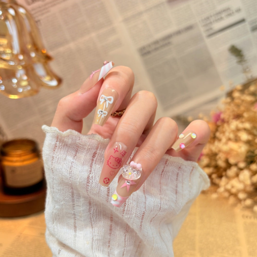 Artistic Press-On Nail Design with Decorative Silver Accents Kalsten