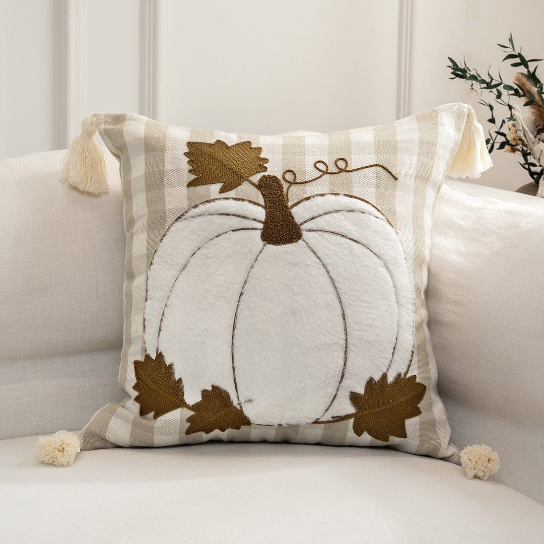 Embroidered Autumn Pumpkin Velvet Accent Pillow Cover
