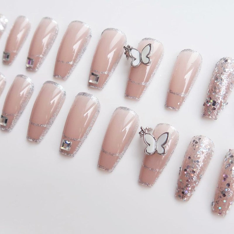 Elegant Press-On Nail Art Set with Butterfly Accents