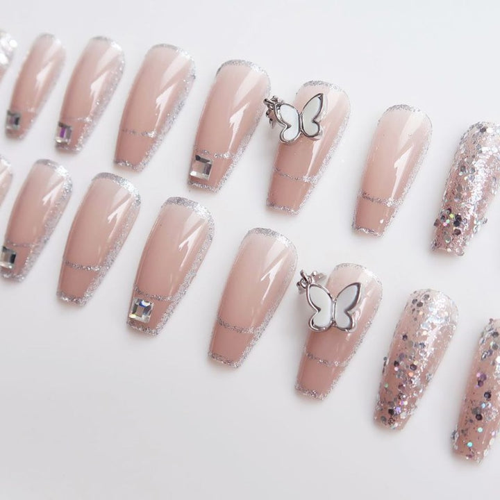 Elegant Press-On Nail Art Set with Butterfly Accents