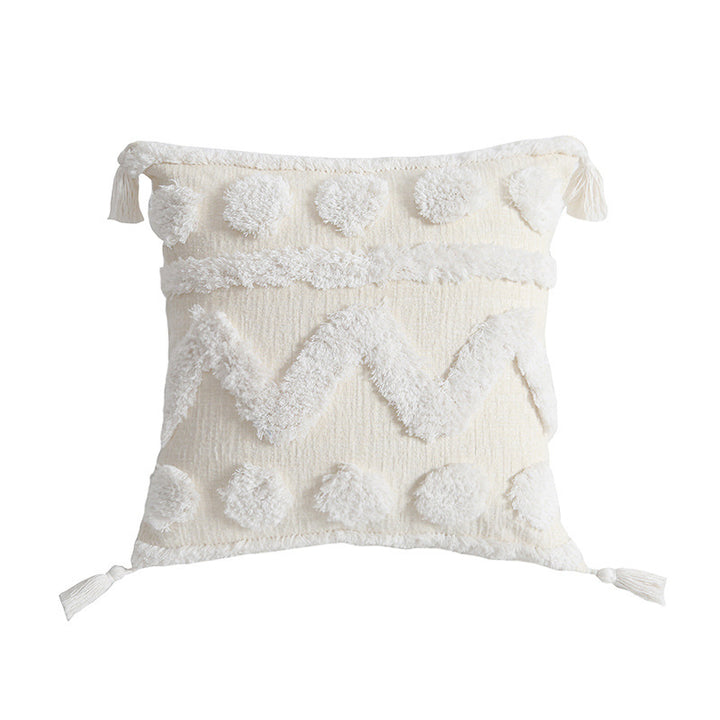 Rectangular decorative cushion cover with hand-tufted chevron and pompom relief as well as corner tassels Kalsten