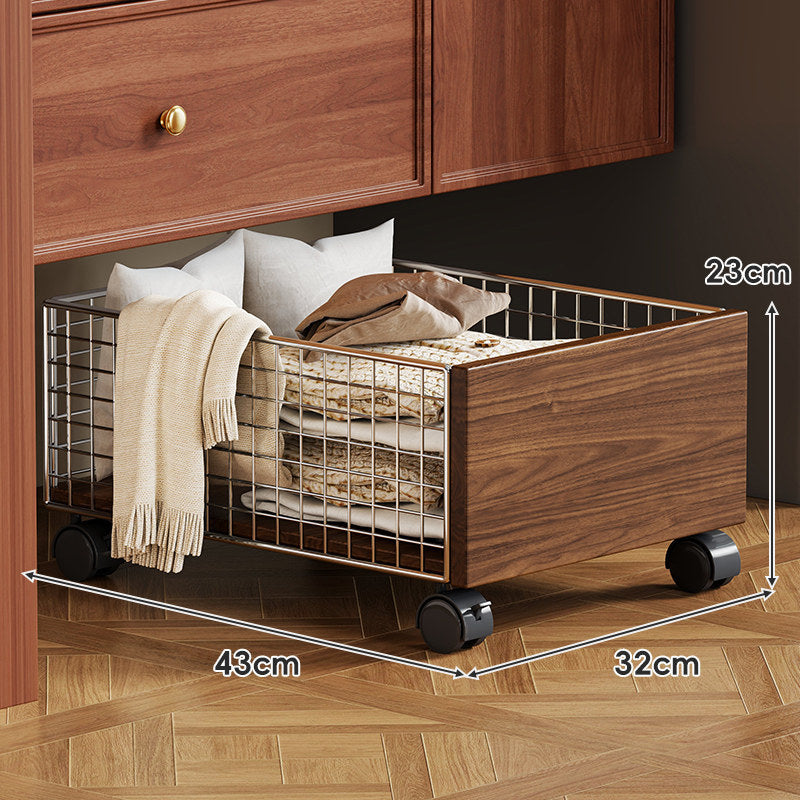 Low-Profile Sliding Wire Basket Storage Drawer with Wood-Effect Front and Swivel Casters
