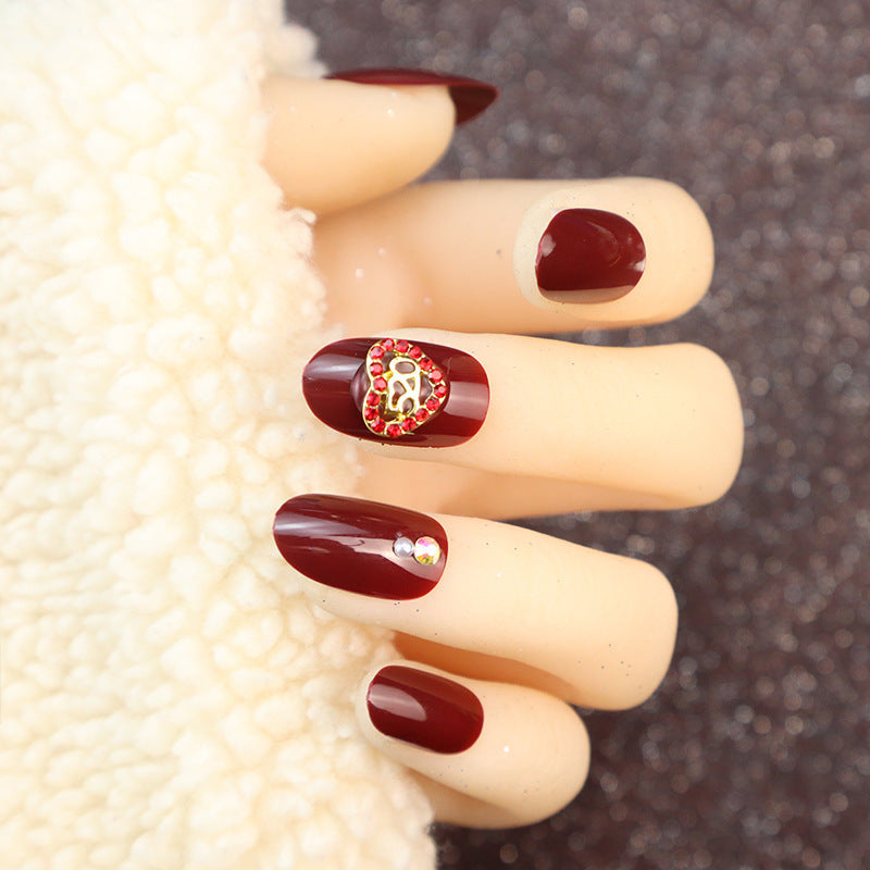 Decorative Press-On Nail Set with Rhinestone Accents