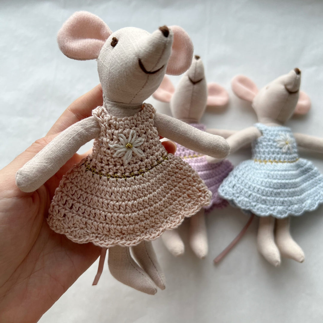 Handcrafted Linen Plush Mouse Doll with Crocheted Dress and Embroidered Details