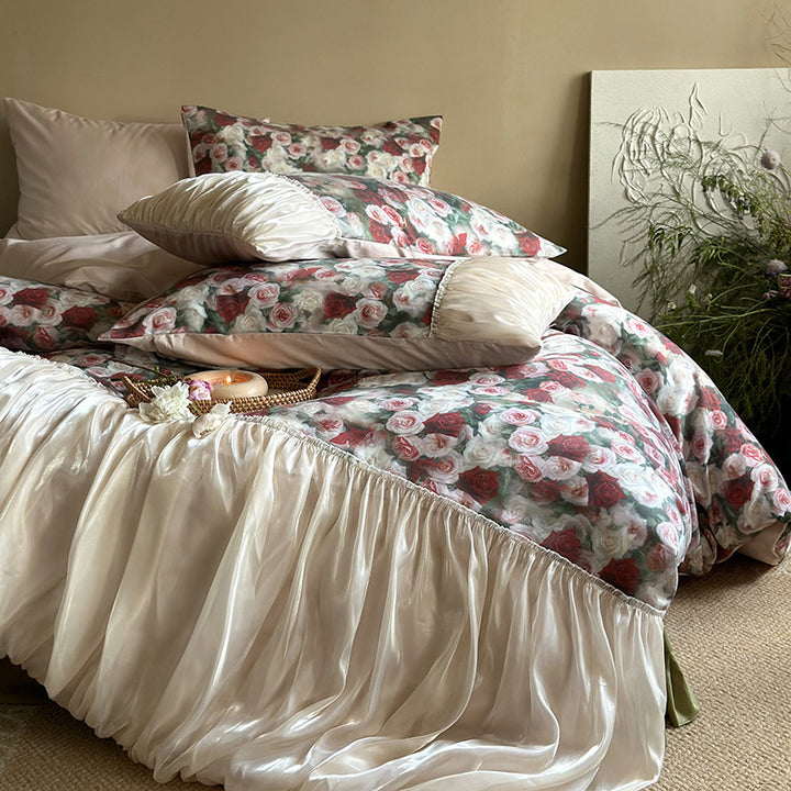 Luxurious satin bedding set with rose pattern and ruffled bed skirt