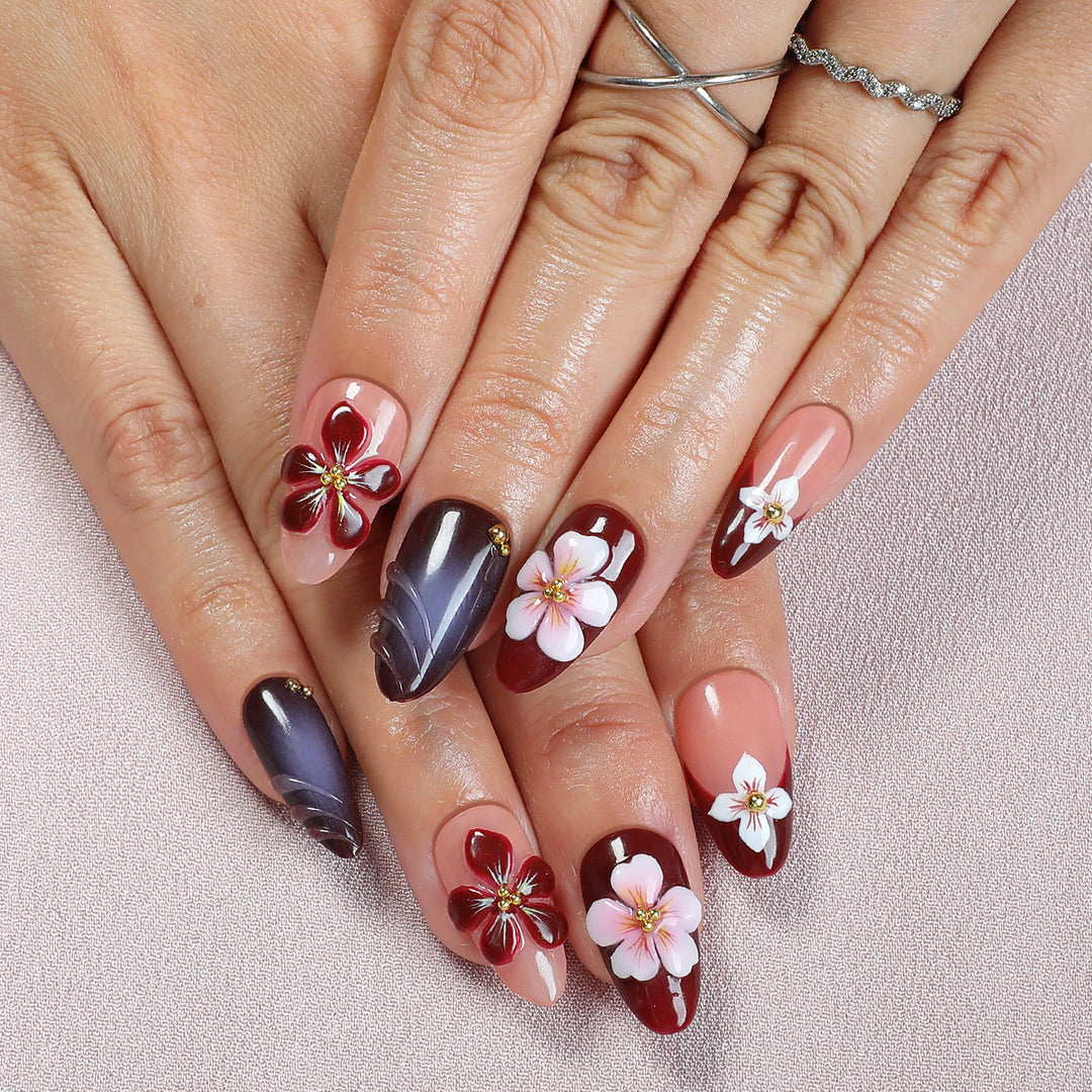 Acrylic nail set with floral accents and luxurious decorations Kalsten