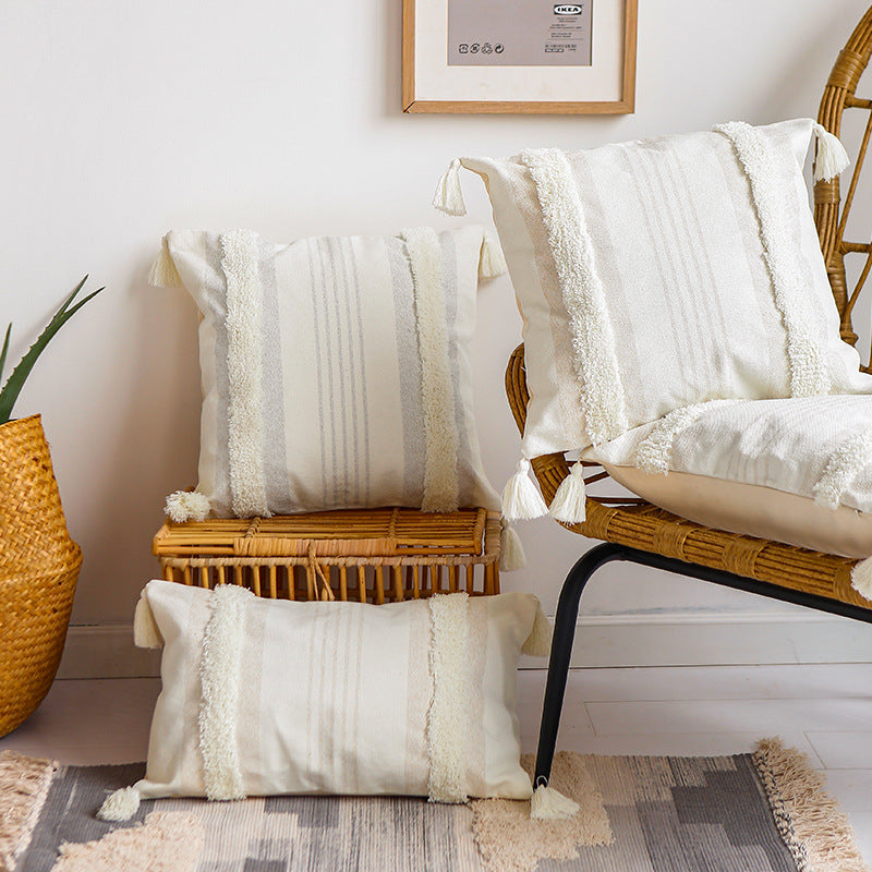 Square cotton pillow cover with fringe tassels and textured chenille stripes Kalsten