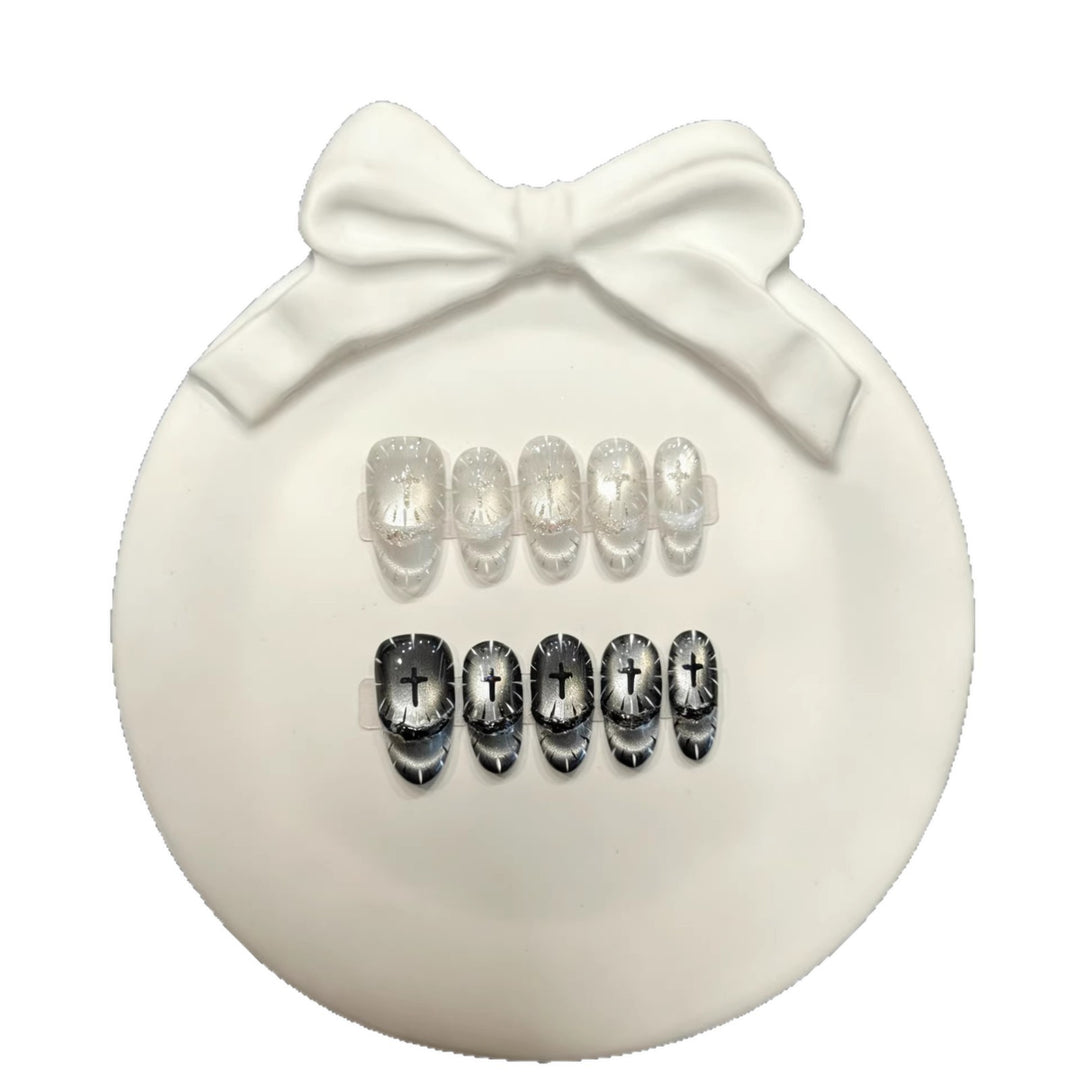 Artistic Press-On Nail Set with Unique Cross Designs