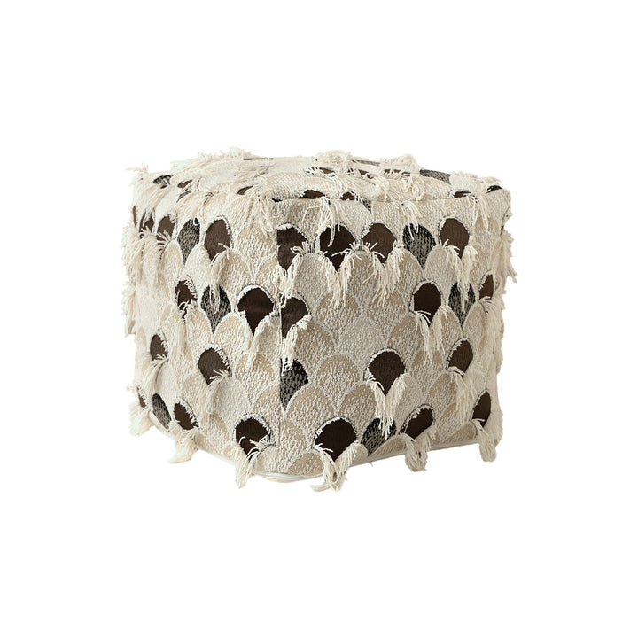 Filled floor seat pouf in ethnic jacquard with decorative fringes Kalsten