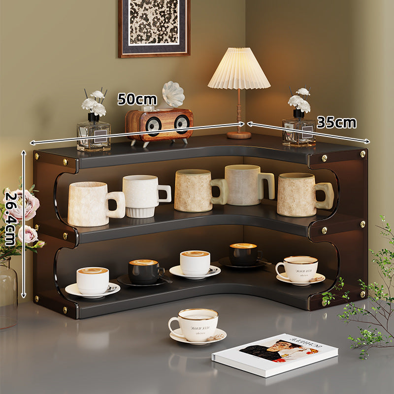 Corner Triple-Tier Wooden Countertop Display Shelf Organizer with Curved Shelves and Brass Accents