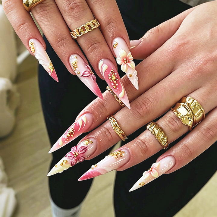 Decorative Stiletto Press-On Nail Art Set with Floral Accents kalsten