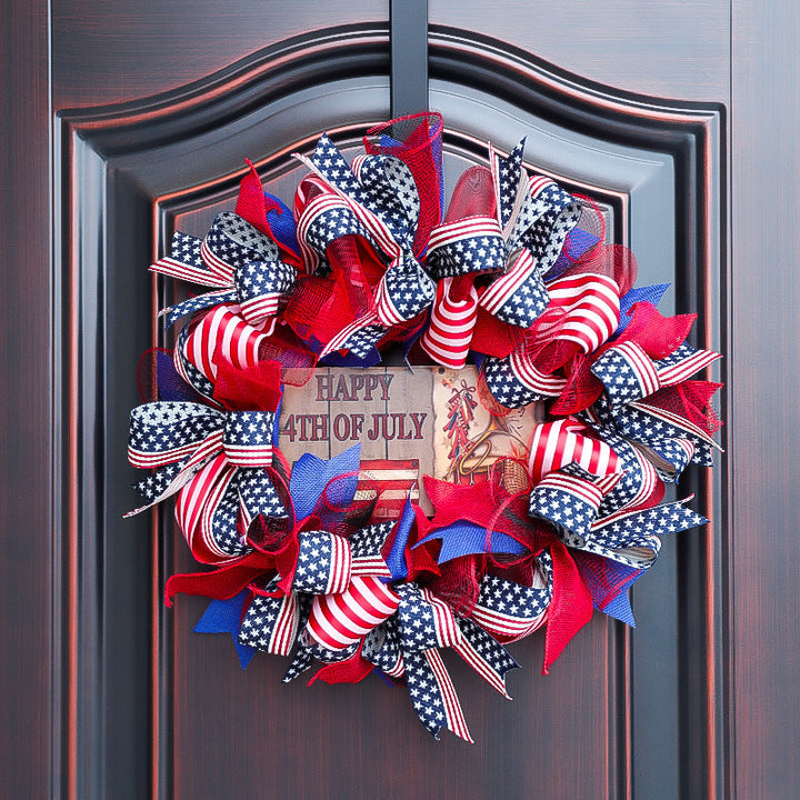 Unisex nan patriotic Americana fabric and wood door wreath with ribbon bows Kalsten