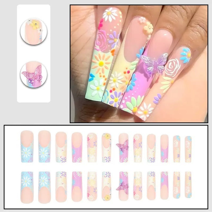 Artificial nails with floral patterns and 3D decorations Kalsten