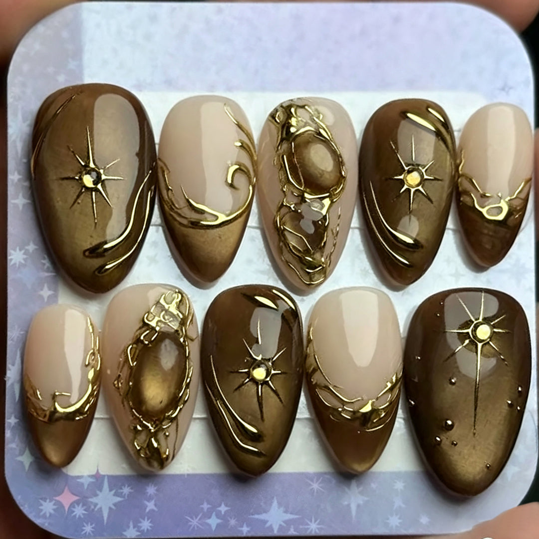 Decorative Press-On Nail Art Set with Gold Accents