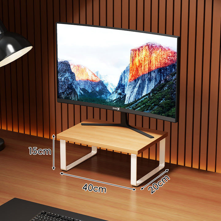 Compact Wooden Monitor Riser with Metal Frame and Under-Shelf Storage