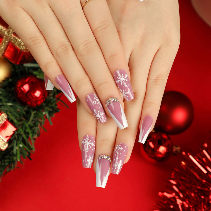 Artistic Nail Extensions with Snowflake Design and Glitter Accents Kalsten