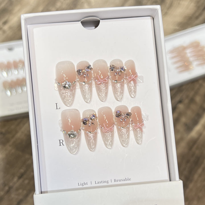 Decorative Stiletto Press-On Nail Set with Bow and Gem Accents Kalsten