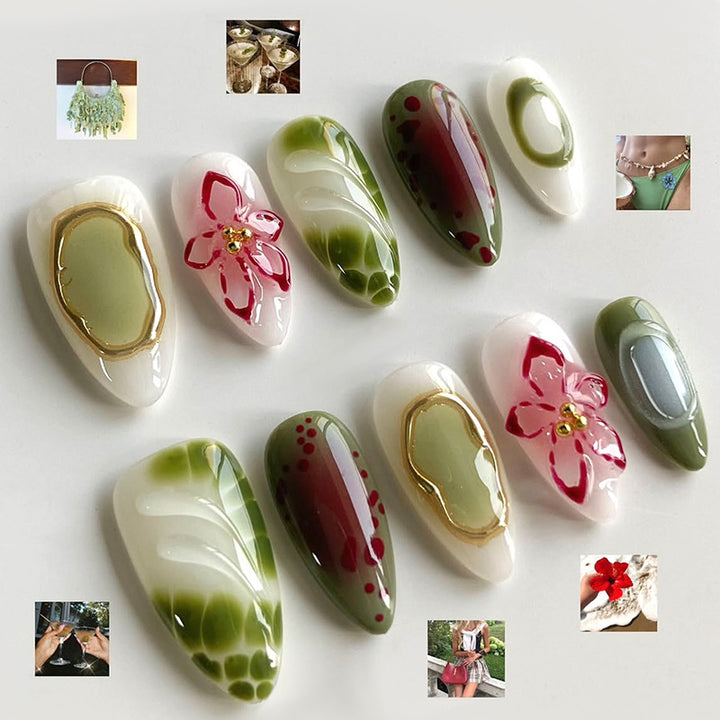 Decorative Press-On Nail Art Set with Floral and Gem Accents kalsten 1788496103