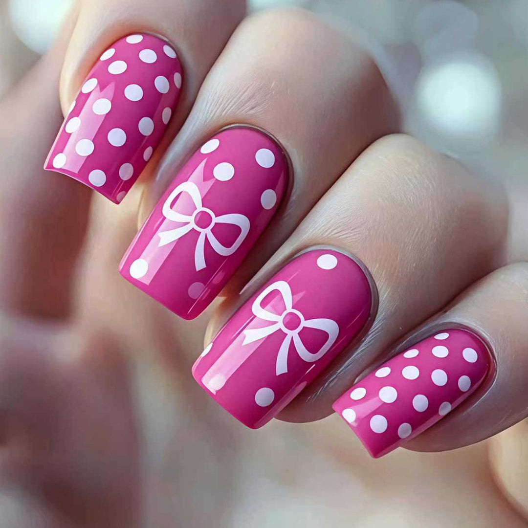 Artificial nails with romantic polka dot pattern and bow Kalsten