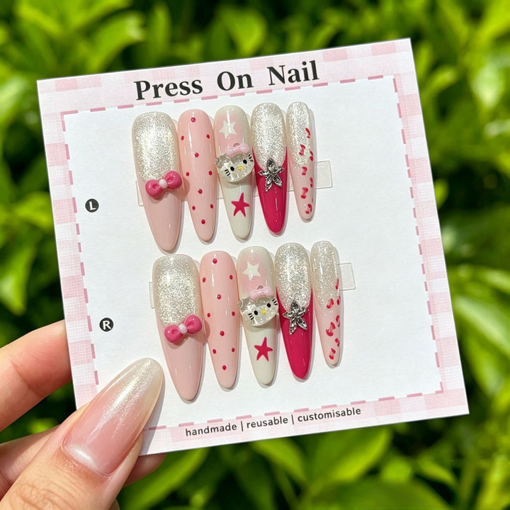 Artistic Press-On Nail Set with Floral and Patterned Designs