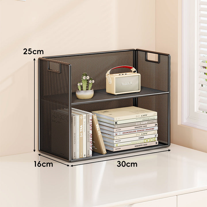 Perforated Metal Two-Tier Desktop Organizer Shelf with Integrated Carry Handles