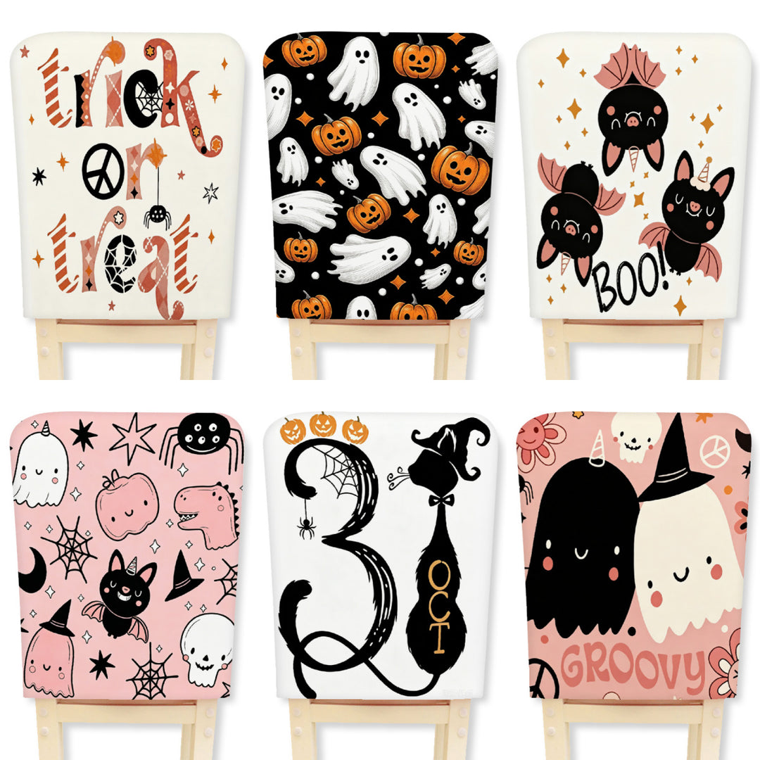 Padded chair back cover with Halloween illustration and spider web design