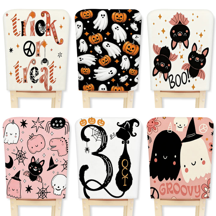Padded chair back cover with Halloween illustration and spider web design