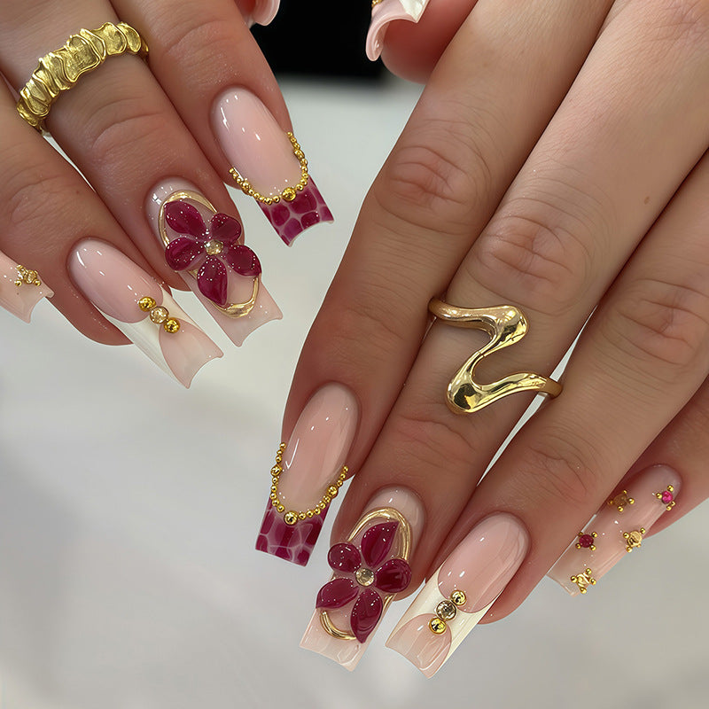 Premium Floral Design Press-On Nail Set with Decorative Elements Kalsten