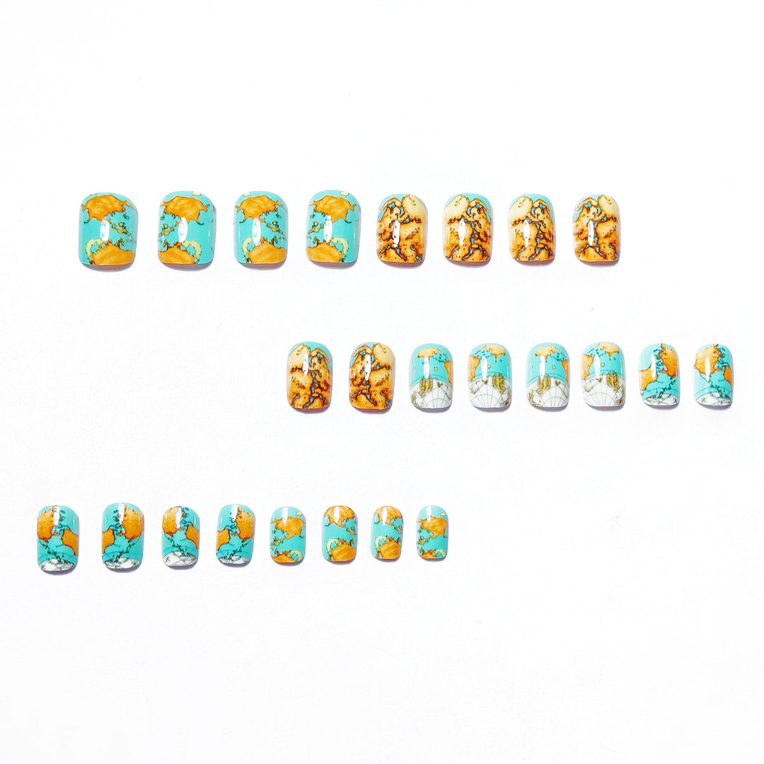 Creative artificial nails with world map inspired design Kalsten